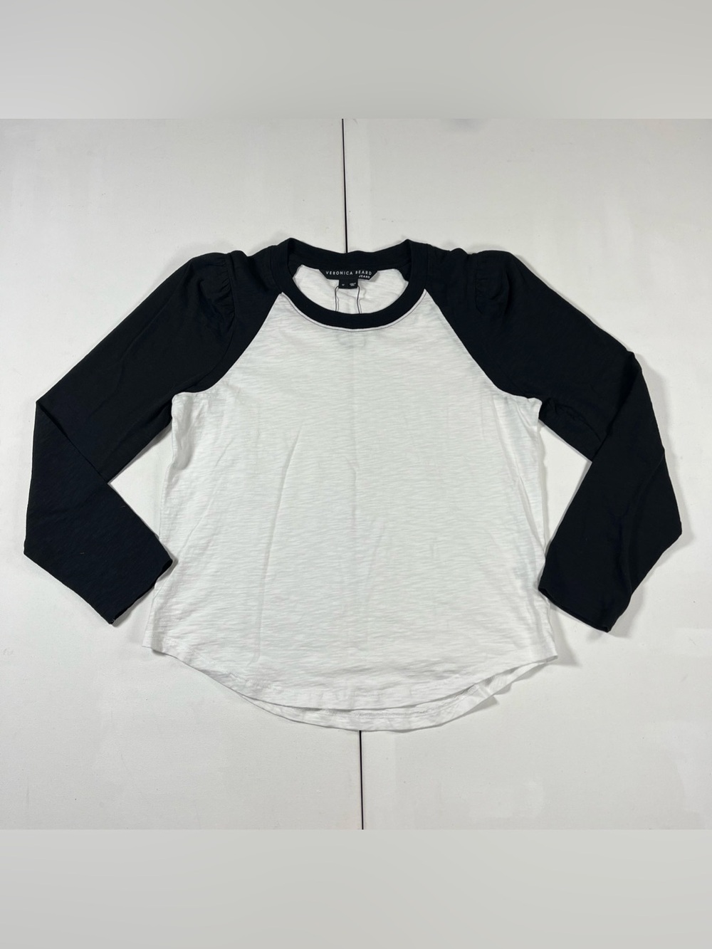 Veronica Beard Mason Baseball Tee Black White Puff Shoulder Pima Women’s M